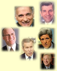 From top, clockwise: Badnarik, Kerry, Peroutka, Bush, Cobb, Nader. Six white men applying for one job. We like David Cobb, left.